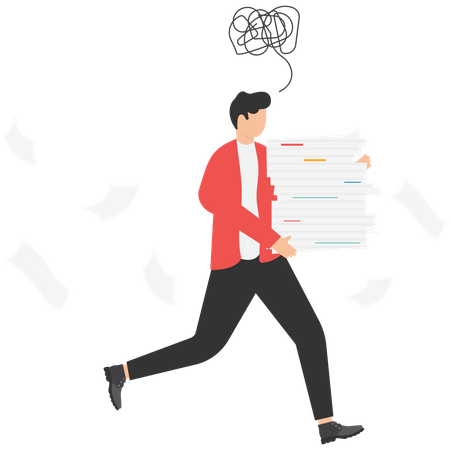Businessman running with a huge pile of documents  Illustration