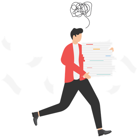 Businessman running with a huge pile of documents  Illustration
