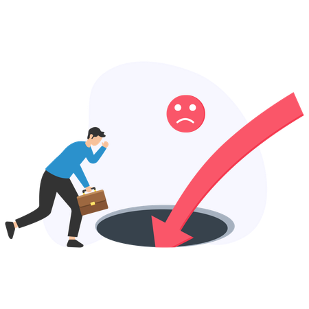 Businessman running with briefcase is falling into hole with red down arrow and sad face  Illustration