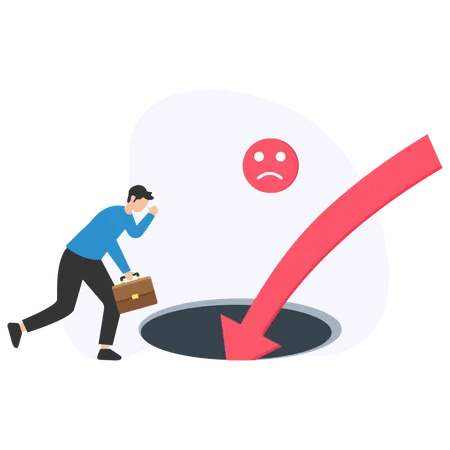 Businessman running with briefcase is falling into hole with red down arrow and sad face  Illustration