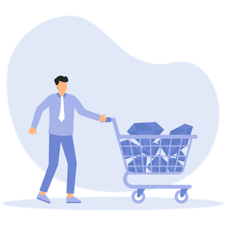 Businessman running with cart full of diamonds as symbol of highly profitable business  Illustration