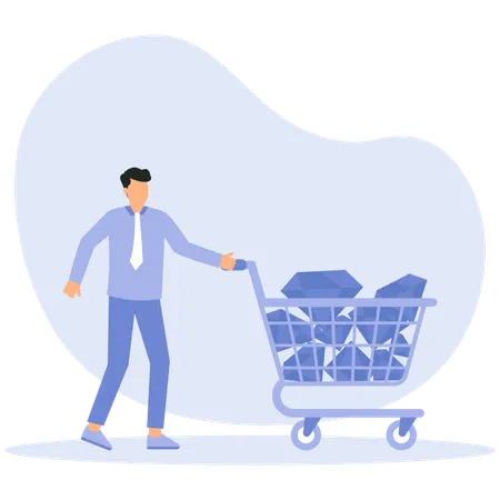 Businessman running with cart full of diamonds as symbol of highly profitable business  Illustration