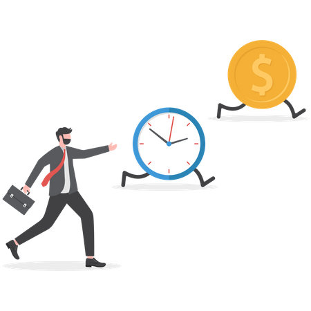 Businessman running with full effort inside gear cogs to spin time and money gears  Illustration