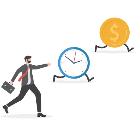 Businessman running with full effort inside gear cogs to spin time and money gears  イラスト