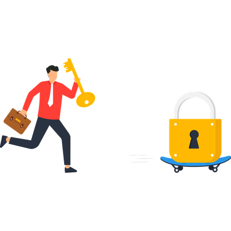 Businessman Running with Golden Key to Unlock Fast Moving Padlock  Illustration
