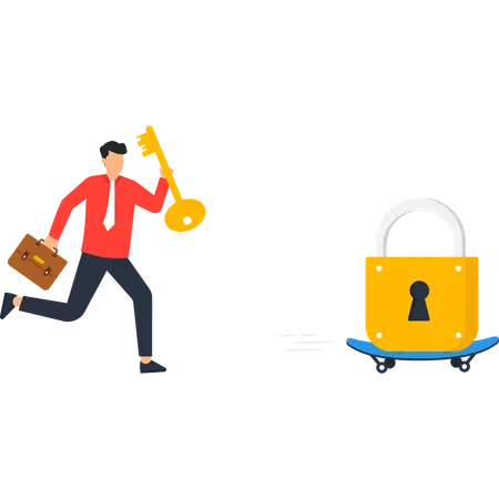 Businessman Running with Golden Key to Unlock Fast Moving Padlock  Illustration