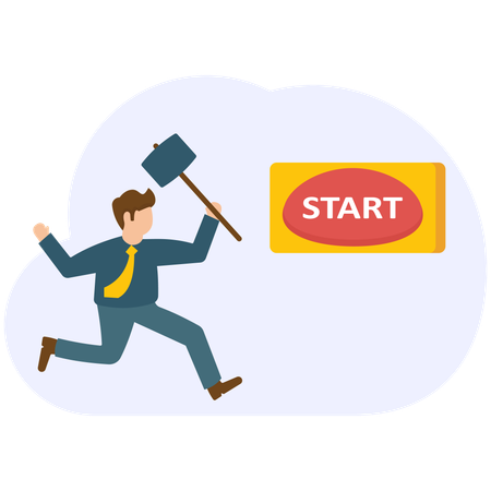 Businessman running with hammer for push button to start new business  Illustration