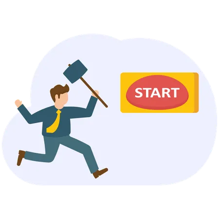 Businessman running with hammer for push button to start new business  Illustration