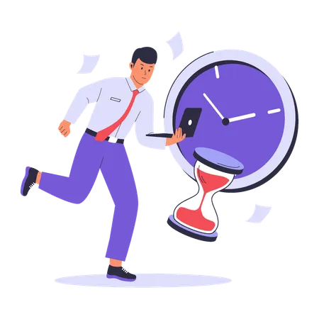 Businessman running with laptop with work turnaround time  Illustration