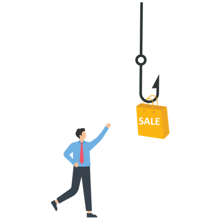 Businessman runs after a sale shopping bag on a fishing hook  Illustration