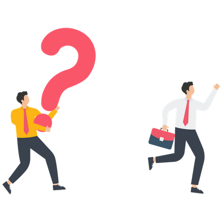 Businessman runs away from a question mark symbol  Illustration