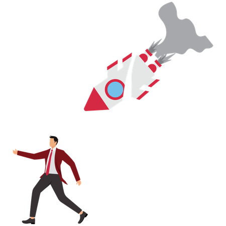 Businessman runs away from rocket crash  Illustration