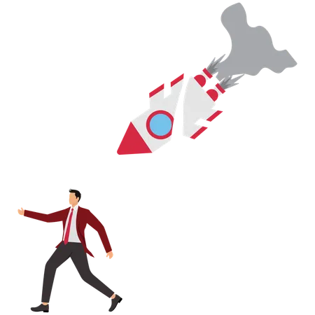 Businessman runs away from rocket crash  Illustration