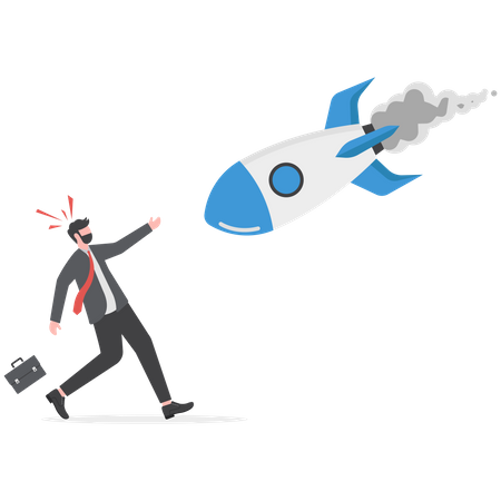 Businessman runs away under broken rocket  Illustration