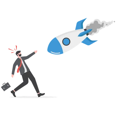 Businessman runs away under broken rocket  Illustration