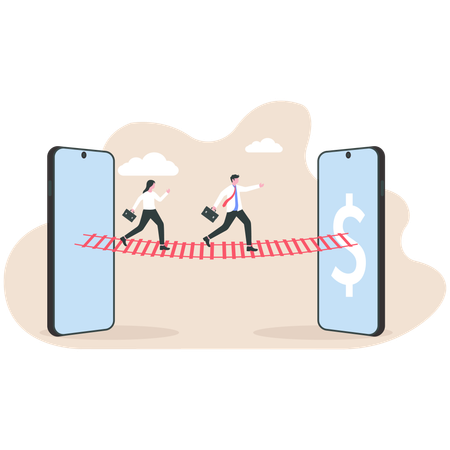 Businessman runs on bridge between two mobile  Illustration