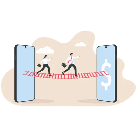 Businessman runs on bridge between two mobile  Illustration