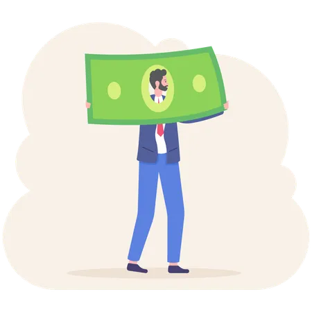 Happy Businessman With Large Banknote In His Hand And His Face On Banknote Vector Illustration Flat Illustration