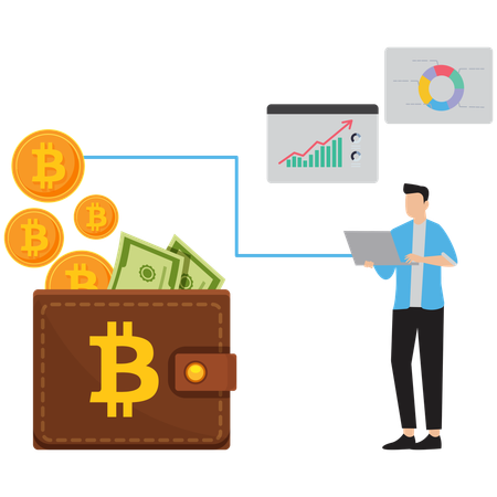 Businessman saves money in Crypto Wallet with Bitcoin  Illustration