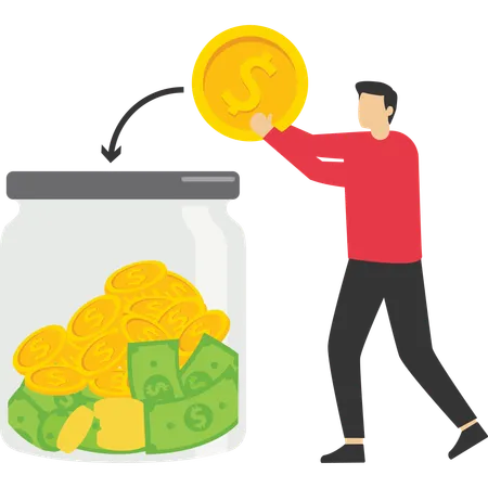 Businessman saves money in money jar  Illustration