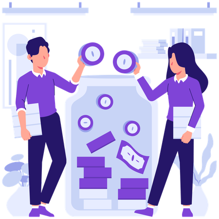 Businessman saves money in jar  Illustration