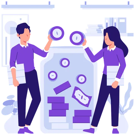 Businessman saves money in jar  Illustration