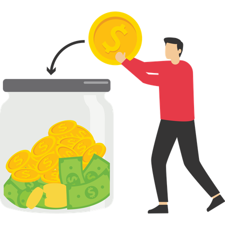 Businessman saves money in money jar  Illustration