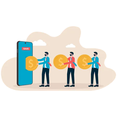 Businessman saving online on phone with cloud internet connection  Illustration