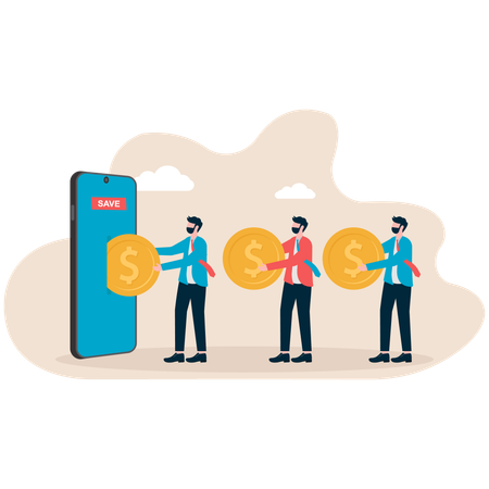 Businessman saving online on phone with cloud internet connection Illustration