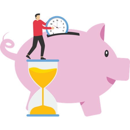 Businessman saving time to work put in a piggy bank  Illustration