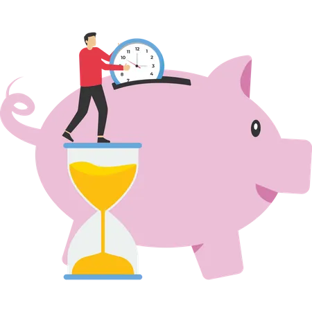 Businessman saving time to work put in a piggy bank  Illustration