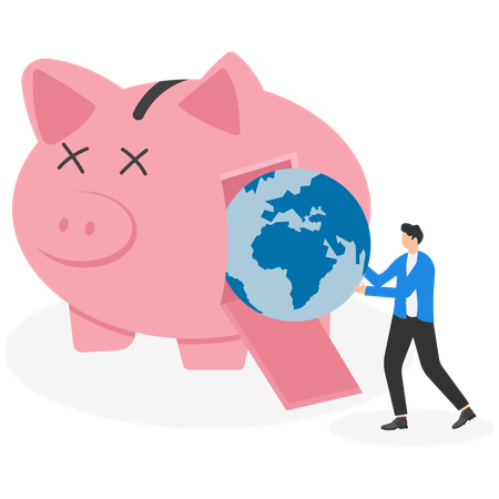 Businessman savings money in global piggy bank  Illustration