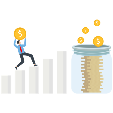 Businessman savings money in jar  Illustration