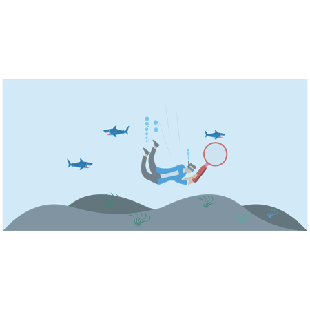 Businessman scuba diving in deep blue ocean with magnifying glass symbolizing deep dive analysis for market improvement  Illustration