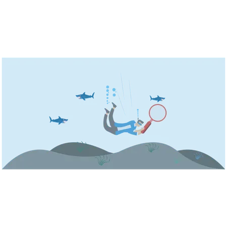 Businessman scuba diving in deep blue ocean with magnifying glass symbolizing deep dive analysis for market improvement  Illustration