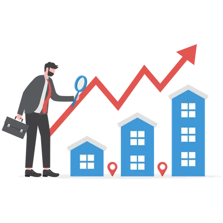 Businessman Investor With Telescope For Real Estate And Housing Investment Opportunity Property Growth Forecast Or Vision Price Rising Up Concept Vector Illustration