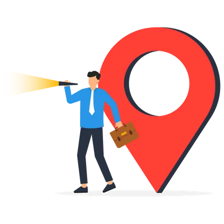 Location Search For Business Address Map Or Direction To Navigate Or Find Position Office Location Street Information Concept Curious Businessman Search With Magnifying Glass With Map Location Pin Illustration