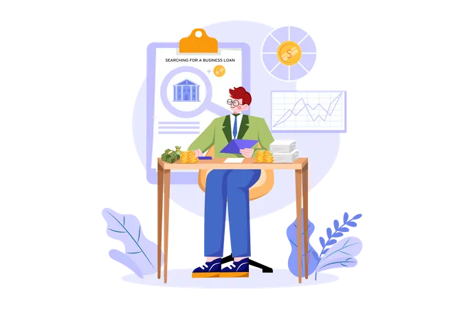 Businessman Searching For A Business Loan  Illustration