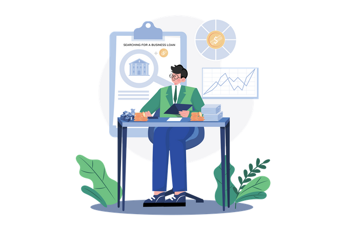Businessman Searching For A Business Loan  Illustration