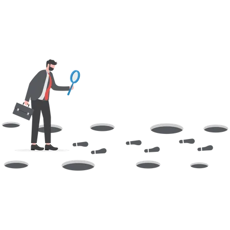 Search For New Way Businessman Is Looking Through A Magnifying Glass Search For Direction Way Goal Success Vector Illustration イラスト