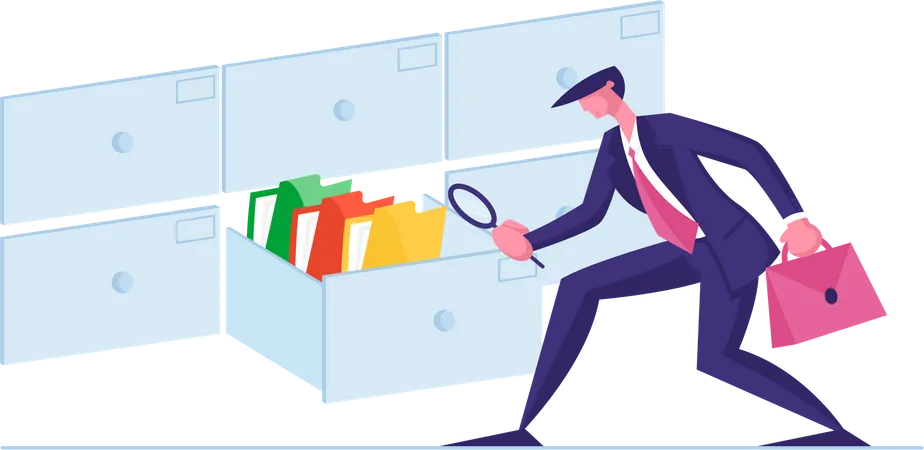 Businessman Look For Documents In Archive Storage Office Clerk Character Searching Files In Cabinet Drawer With Magnifying Glass Business Data Administration Concept Cartoon Vector Illustration Illustration