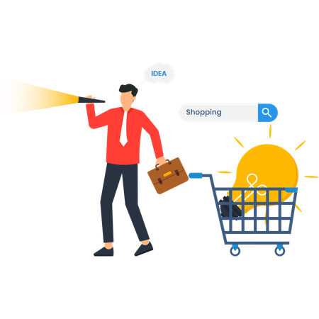 Businessman Searching for Ideas with Shopping Cart  of Innovation and Business  Illustration
