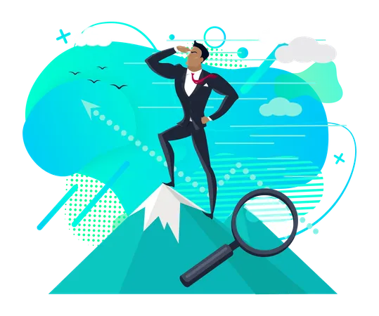 Searching For Opportunities Vector Businessman Standing On Mountain Peak And Looking In Distance Magnifying Glass Male Wearing Formal Suit Flat Style Search New Idea In Business Illustration
