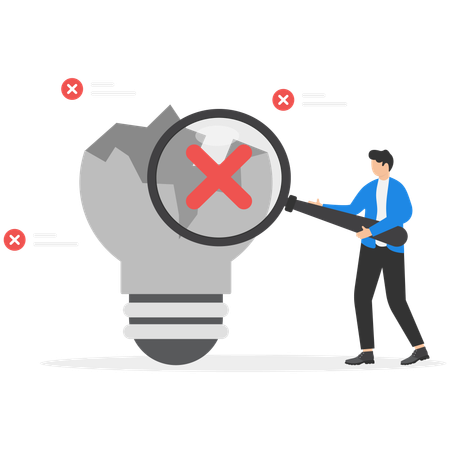 Businessman searching mistakes in business idea  Illustration