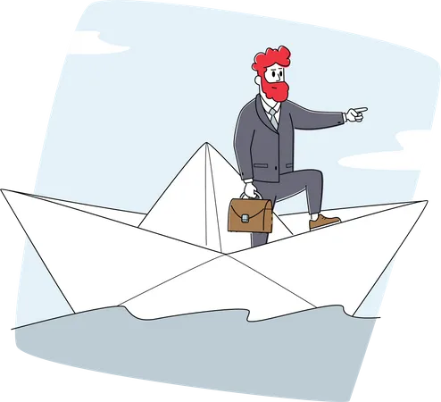 Businessman Character Stand On Paper Boat Stern Pointing With Finger Ahead Risk Searching Solution Goal Achievement Leadership And Lead Team To Successful Result Concept Linear Vector Illustration イラスト