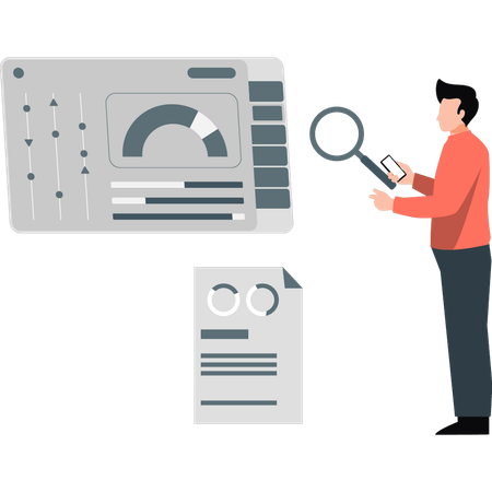 Businessman searching pie chart bay magnifying glass  Illustration