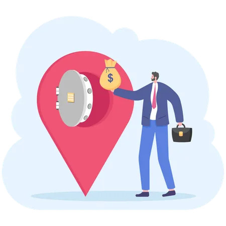 Happy Businessman Puts Money In A Secret Safe In A Large Map Pointer Business And Investment Location Vector Illustration Flat Illustration