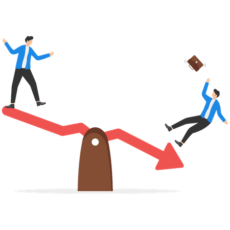Businessman seesaw red arrow pointing down as investment loss  イラスト