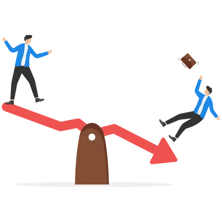 Businessman seesaw red arrow pointing down as investment loss  Illustration