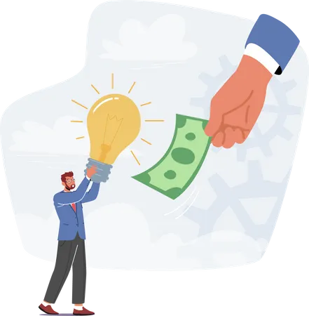 Businessman Sell Idea Male Character Changing Glowing Light Bulb On Money Bill In Huge Human Hand Insight Business Vision Investment Education And Motivation Concept Cartoon Vector Illustration Illustration